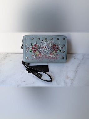 Ed Hardy Light Blue Skull & Floral Crystal-Embellished Wristlet wallet denim